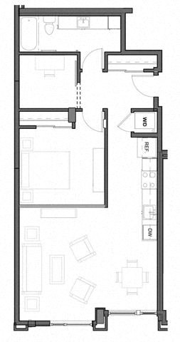 Floor plan for 1 bed, 1 bath, 843 sqft